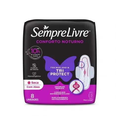 Sempre Livre Absorvente Noturno Cobertura Seca com Abas 8 unidades fluxo intenso fixação segura